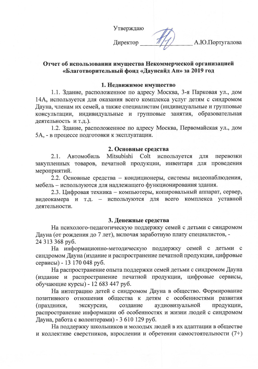 Отчет об использовании имущества «Даунсайд Ап» в 2019 году