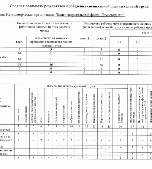 Сводная ведомость результатов проведения специальной оценки условий труда
