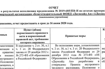 Отчет о результатах исполнения предписания №2019-685/ПВ-Н по итогам проверки Некоммерческой организации "Благотворительный Фонд "Даунсайд Ап"